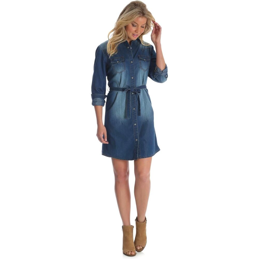 Wrangler Western Snap Long Sleeve Denim Shirt Dress Blue Size XL